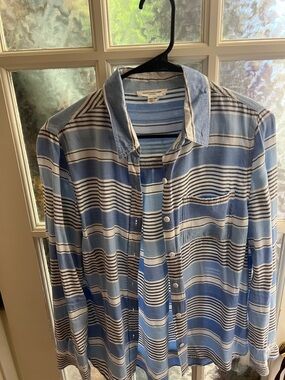 Quiksilver Blue, White & Black Striped Button-Down Shirt. Beach, Lunch, Lounge